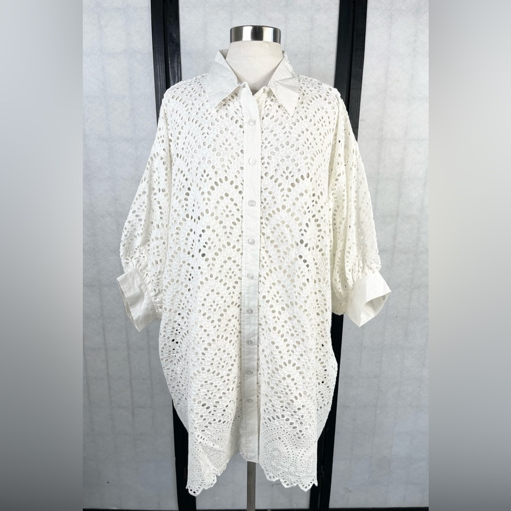 White Crochet Button-Up Shirt